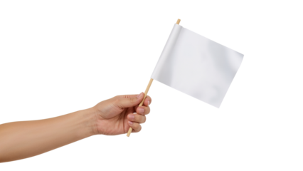 Hand holding a small blank white flag for mockup. Isolated on transparent background, png

