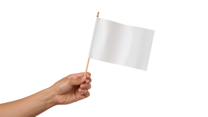 Hand holding a small blank white flag for mockup. Isolated on transparent background, png
