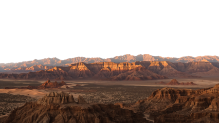 A panoramic desert mountain range at golden hour sunrise or sunset. Isolated on transparent background, png
