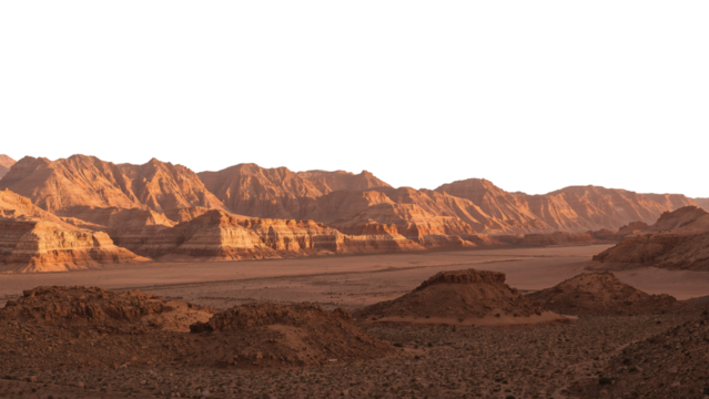A panoramic desert mountain range at golden hour sunrise or sunset. Isolated on transparent background, png
