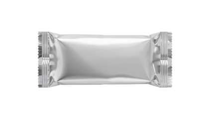 Blank white flow pack wrapper mockup for a chocolate or protein snack bar. Isolated on transparent background, png
