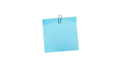 Blue sticky note with a paperclip for reminders or messages. Isolated on transparent background, png
