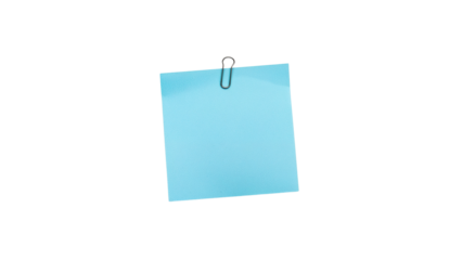 Blue sticky note with a paperclip for reminders or messages. Isolated on transparent background, png
