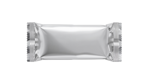 Blank white flow pack wrapper mockup for a chocolate or protein snack bar. Isolated on transparent background, png
