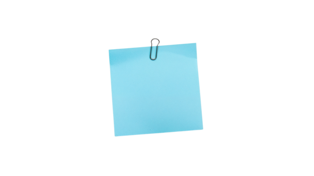 Blue sticky note with a paperclip for reminders or messages. Isolated on transparent background, png
