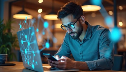 Man uses smartphone near laptop with network interface diagram. He works from home. Modern tech workspace concept. Professional analyzes data for startup business online. Internet connection is fast.