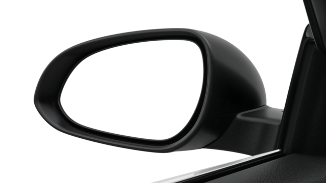 Car side view mirror with a blank white screen for mockup or copy space. Isolated on transparent background, png
