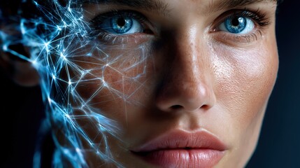 Woman With Blue Eyes and Digital Neural Network Overlay