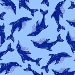 Seamless Pattern of Playful Blue Dolphins on a Light Blue Background