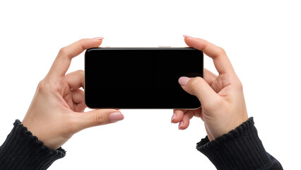 Male hands holding a smartphone horizontally with blank screen for mockup. Isolated on transparent background, png
