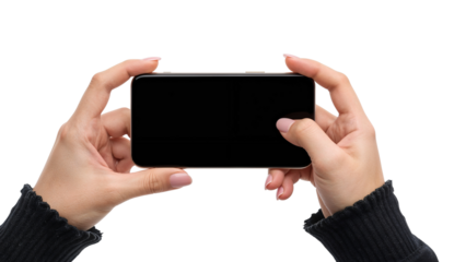 Male hands holding a smartphone horizontally with blank screen for mockup. Isolated on transparent background, png
