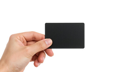 Hand holding a blank black credit card for payment or mockup. Isolated on transparent background, png
