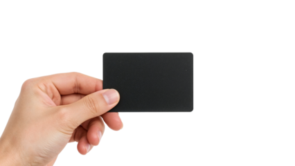 Hand holding a blank black credit card for payment or mockup. Isolated on transparent background, png
