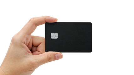 Hand holding a blank black credit card with a chip, closeup view. Isolated on transparent background, png