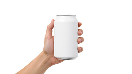 Hand holding a blank white aluminum can for a drink or beverage mockup. Isolated on transparent background, png