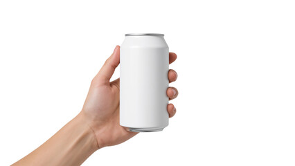 Hand holding a blank white aluminum can for a drink or beverage mockup. Isolated on transparent background, png