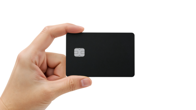 Hand holding a blank black credit card with a chip, closeup view. Isolated on transparent background, png
