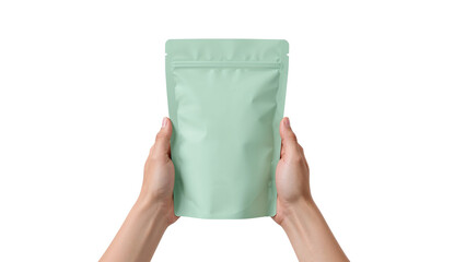 Hands holding a light green stand up pouch. Food packaging doypack mockup template. Isolated on transparent background, png
