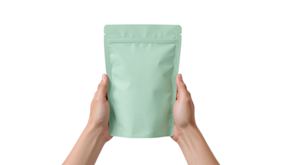 Hands holding a light green stand up pouch. Food packaging doypack mockup template. Isolated on transparent background, png
