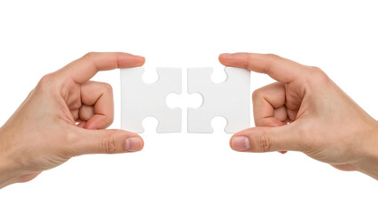 Hands connecting two white jigsaw puzzle pieces for a teamwork solution. Isolated on transparent background, png
