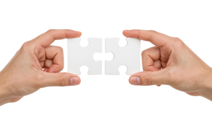 Hands connecting two white jigsaw puzzle pieces for a teamwork solution. Isolated on transparent background, png
