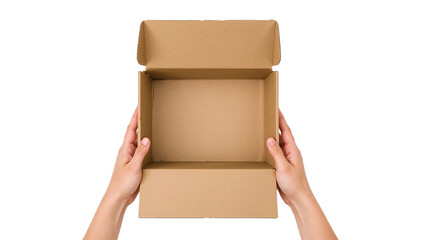 Hands holding an empty open brown cardboard box. Top view delivery concept. Isolated on transparent background, png
