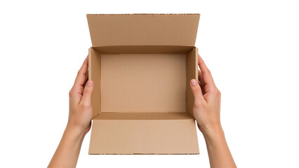 Hands holding an empty open brown cardboard box. Top view delivery concept. Isolated on transparent background, png
