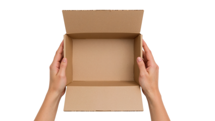 Hands holding an empty open brown cardboard box. Top view delivery concept. Isolated on transparent background, png
