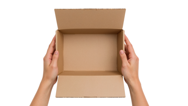 Hands holding an empty open brown cardboard box. Top view delivery concept. Isolated on transparent background, png
