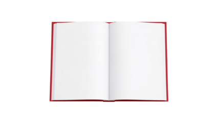 Open blank book or magazine with empty pages, top down view mockup. Isolated on transparent background, png
