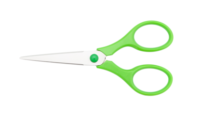 Open green plastic scissors for school or office use. Isolated on transparent background, png
