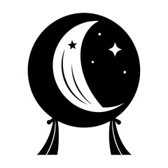 Mirror reflecting crescent moon and stars with curtain black and white vector on white background.