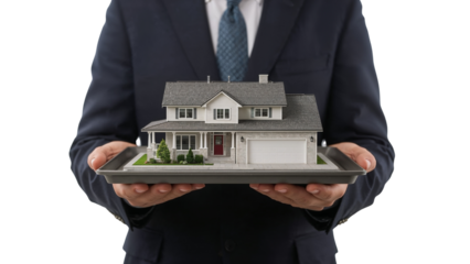 Real estate agent holding a model of a modern house on a tray. Isolated on transparent background, png

