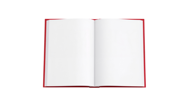 Open blank book or magazine with empty pages, top down view mockup. Isolated on transparent background, png
