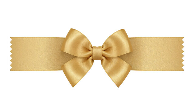 A beautiful golden satin gift ribbon bow tied in a horizontal cross shape. Isolated on transparent background, png
