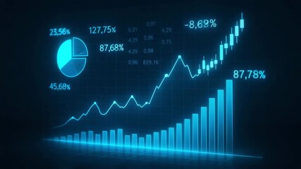 A futuristic digital graph showcasing growth trends, pie charts, and statistical data for financial analysis. - Powered by Adobe