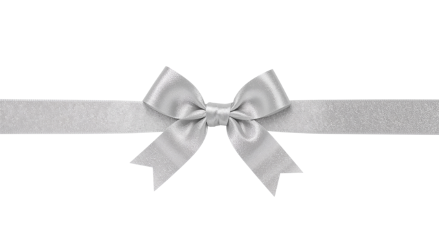 Shiny silver gift bow with a horizontal ribbon for decoration. Isolated on transparent background, png