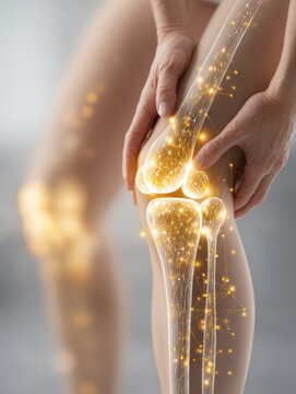 knee pain and joint health. A person holds their aching knee, which is enhanced with stylized wireframe model of the bones and joint, symbolizing arthritis, osteoporosis, medical diagnosis, treatment