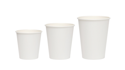 Three white disposable paper cups in different sizes, small, medium, and large. Isolated on transparent background, png
