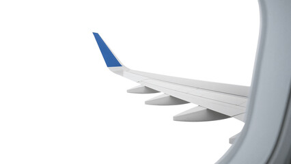 View of a commercial airplane wing with a blue winglet from a window. Isolated on transparent background, png