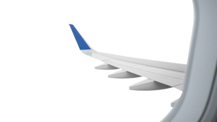 View of a commercial airplane wing with a blue winglet from a window. Isolated on transparent background, png
