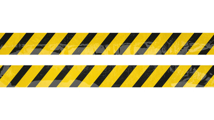 Two strips of wrinkled yellow and black striped caution tape for restricted areas. Isolated on transparent background, png
