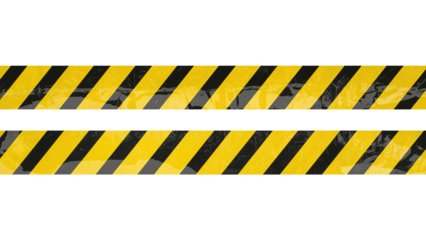 Two strips of wrinkled yellow and black striped caution tape for restricted areas. Isolated on transparent background, png
