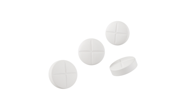 white round pills or tablets floating at different angles, medical mockup. Isolated on transparent background, png