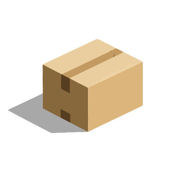 Simple brown cardboard shipping box with tape, casting shadow and isolated on transparent, representing logistics and delivery