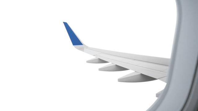 View of a commercial airplane wing with a blue winglet from a window. Isolated on transparent background, png

