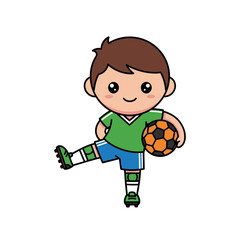 Cute cartoon boy character playing soccer with a ball.