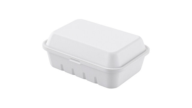 White styrofoam takeaway food container mockup, closed clam shell box. Isolated on transparent background, png
