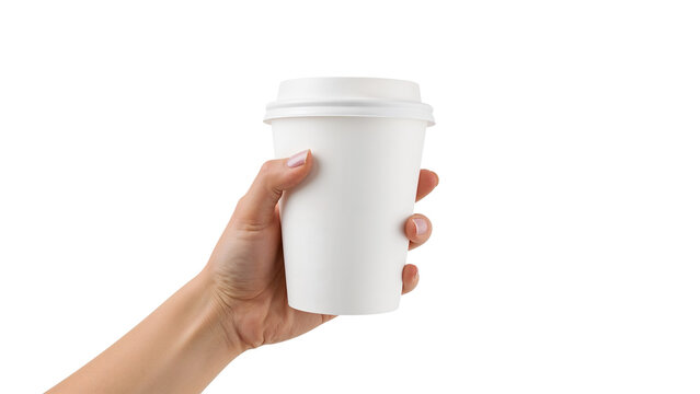Woman's hand holding a white disposable paper coffee cup with a lid to go. Isolated on transparent background, png
