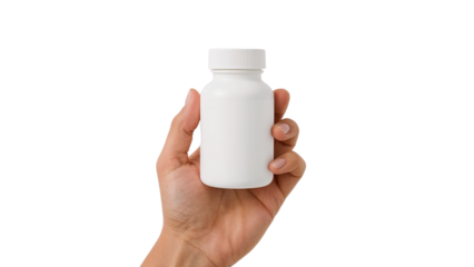 Hand holding a blank white medicine pill bottle mockup. Isolated on transparent background, png
